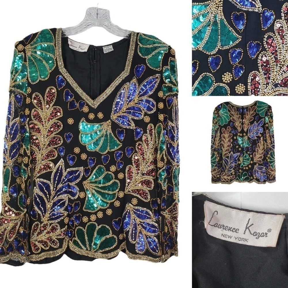 Laurence Kazar Vintage Glam Black Floral Beaded Evening Top Womens Size Small